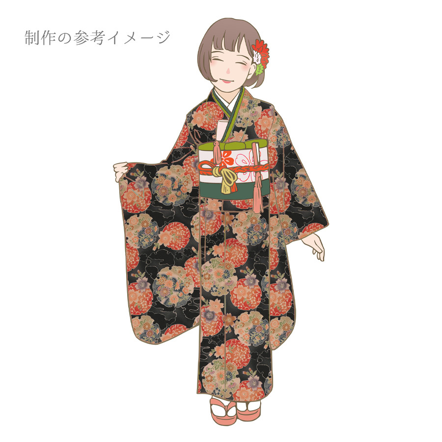 ポリちりめん生地 花雪輪に桜(黒) 10cm単位 切り売り |  | 07