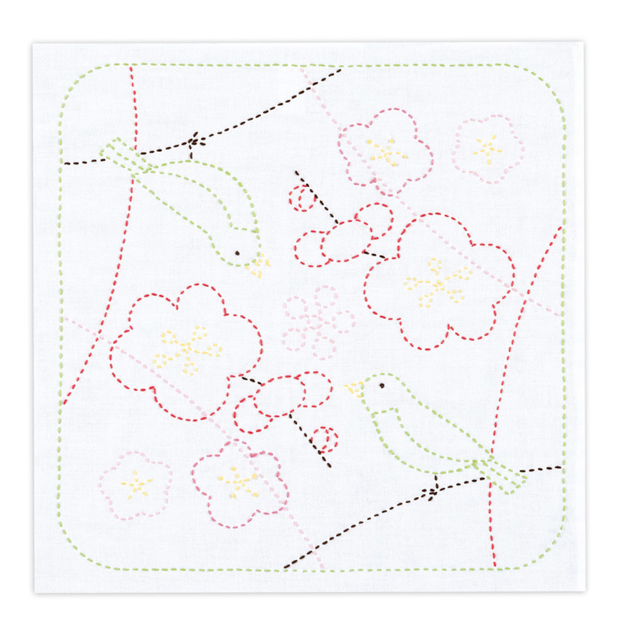 刺し子キット 花ふきん 梅とうぐいす(白) | 