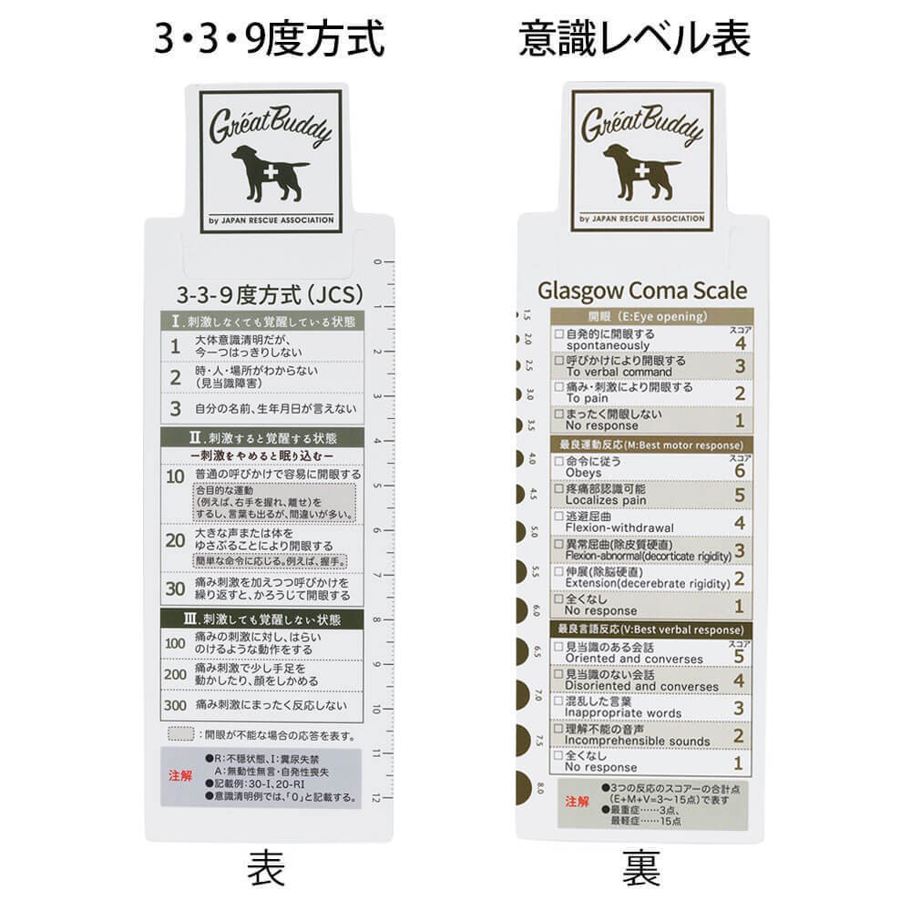 3・3・9度方式(裏)、意識レベル表(表)