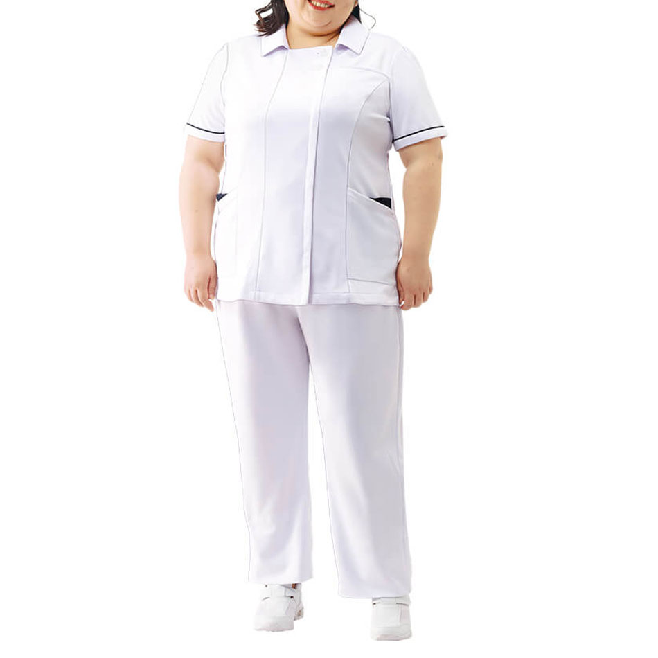 医療 ナース 看護 白衣 ユニフォーム 半袖 女性 大きいサイズ 白 吸汗速乾 アクティブストレッチ・ネオ ゆったり配色ジャケット（3L〜6L）