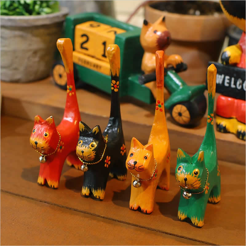 ロングテイルキャット4個セット ネコ ねこ バリ猫 置物 飾り 木彫