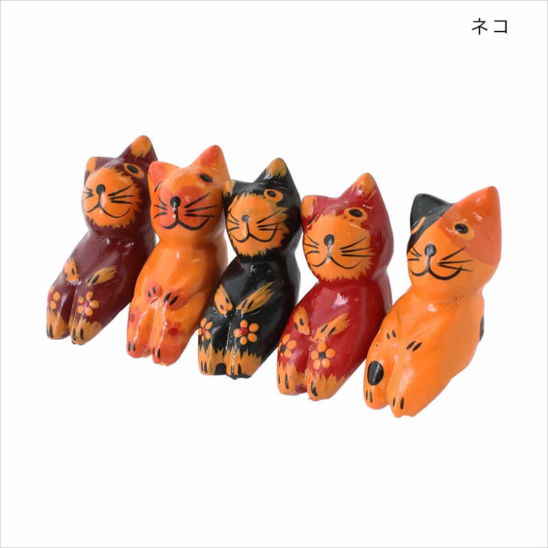 ねこ かえる ミニお座りアニマル 5個セット 置物 飾り 木彫 バリ ネコ