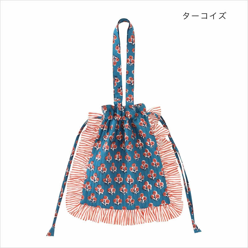 フリル トートバッグ ストライプフレーム ブロックプリント 巾着