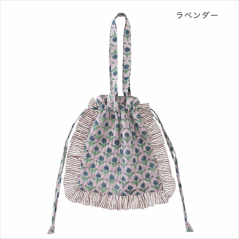 フリル トートバッグ ストライプフレーム ブロックプリント 巾着