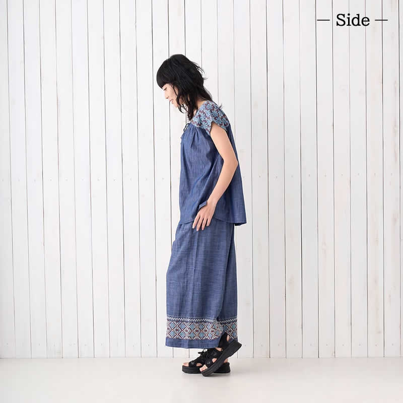 PORINA ポリーナ プルオーバー デニムエンブ レディース 春 夏 ブラウス シャツ トップス チュニック 無地 デニム 刺繍 ハンドメイド アジアン PORINA ポリーナ プルオーバー デニムエンブ レディース 春 夏