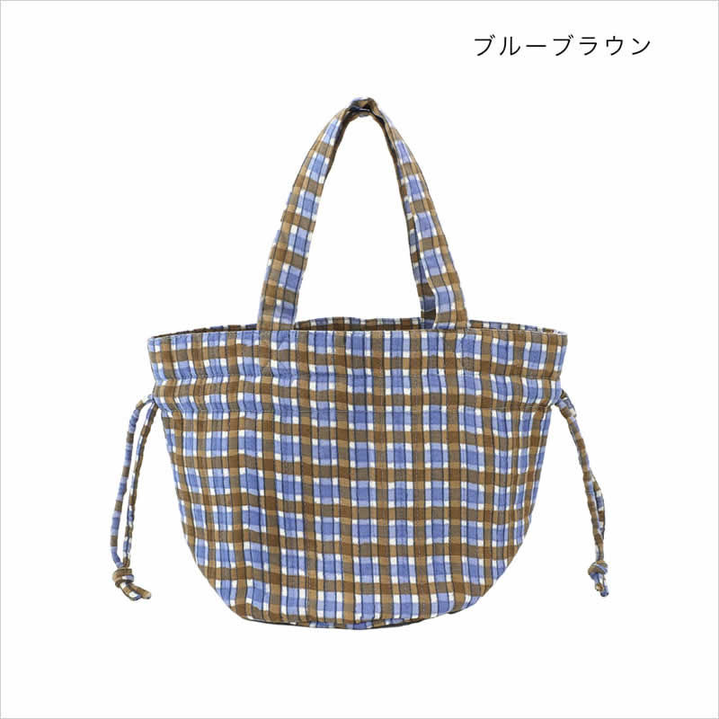 丸底巾着バッグ チェックブロックプリント エスニック 巾着 レディース