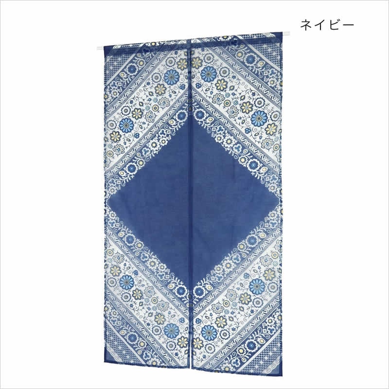 美しい花柄刺繍のネイビーのれん シルク 美しい花柄刺繍のネイビー