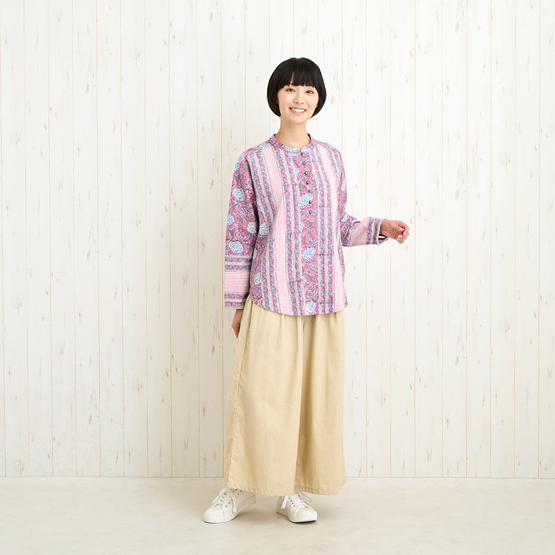 ブラウス ブロックプリント レディース トップス 長袖 シャツ 花柄