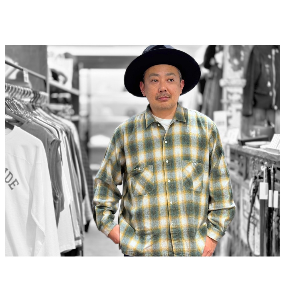 【ベージュ系（28）】Open Collar Cotton Wool Twill Check L/S Shirt ベージュ系（28）】Open Collar Cotton Wool Twill Check L/S Shirt
