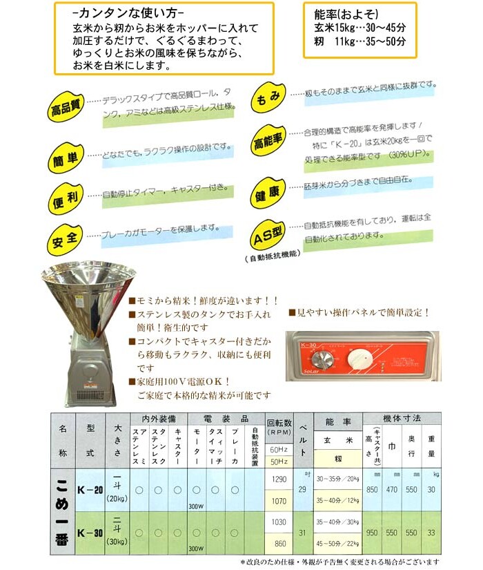 ソーラー精工 循環式精米機 K-20(1斗用)