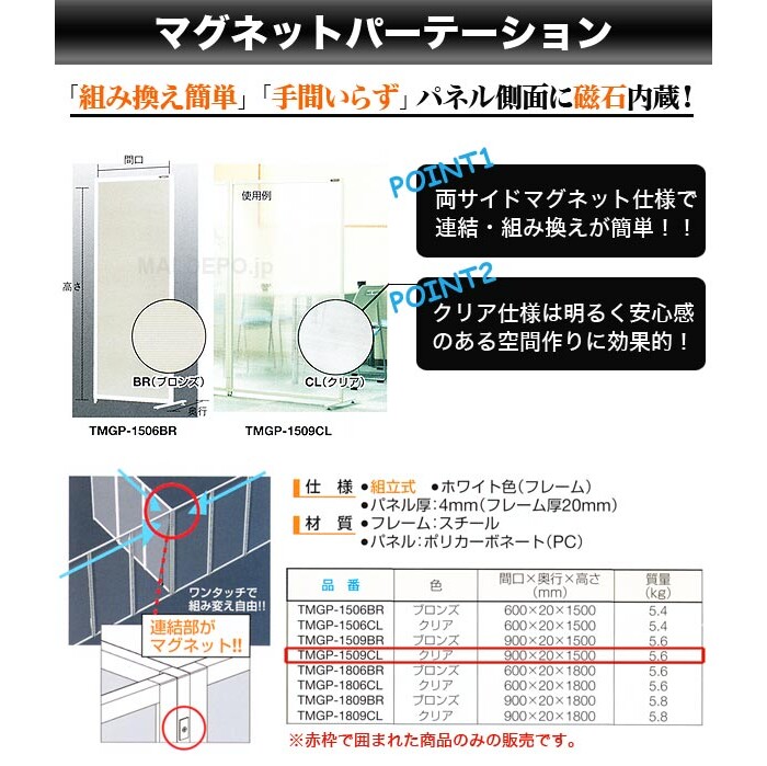 マグネットパーテーション(900×20×1500mm)　クリア　TMGP-1509CL　トラスコ(TRUSCO)