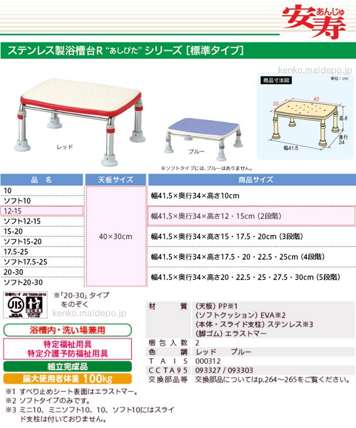 アロン化成 安寿 ステンレス製浴槽台R あしぴた 標準タイプ 12-15 レッド 536-442 高さ12-15cm