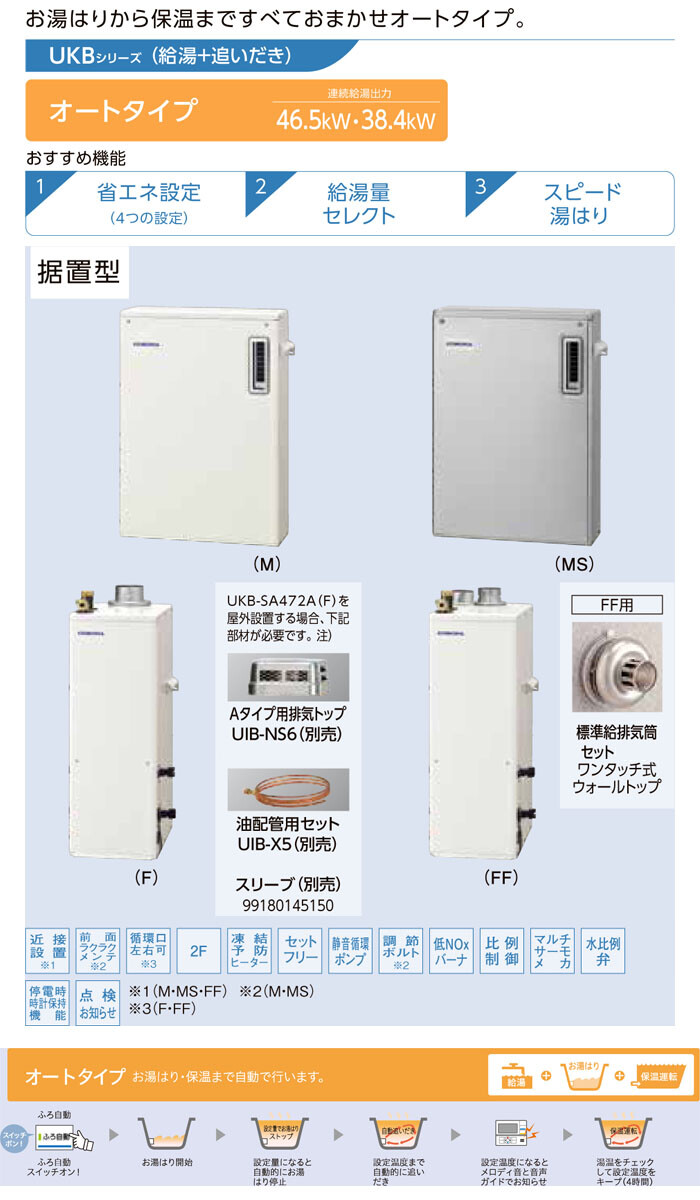 CORONA（コロナ） 石油給湯器 SAシリーズ UKB-SA472A(F) 給湯+追いだき オート 屋内 強制排気 ボイスリモコン 直圧式 46.5kW