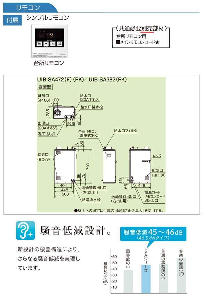 CORONA（コロナ） 石油給湯器 SAシリーズ UIB-SA472(F) 給湯専用 屋内 強制排気 シンプルリモコン 直圧式 46.5kW