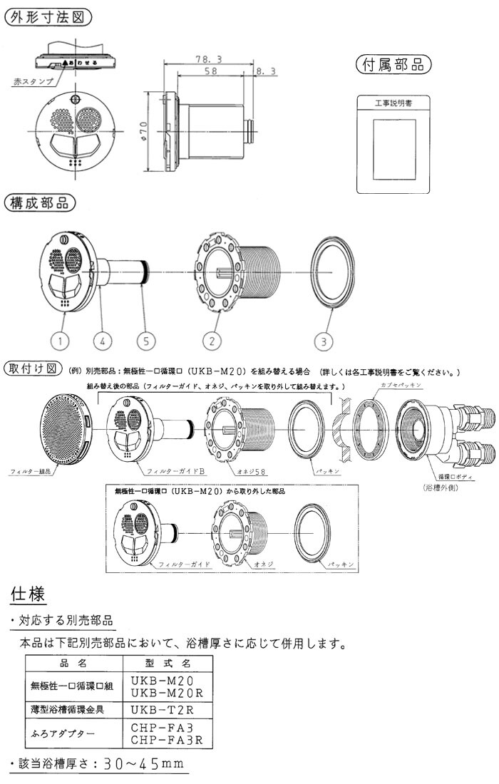 一口循環口 厚板浴槽用アダプター UKB-AP20L CORONA（コロナ） 15A配管接続用 循環金具 : 123471 : オアシス  ハッピーライフ店 - 通販 - Yahoo!ショッピング