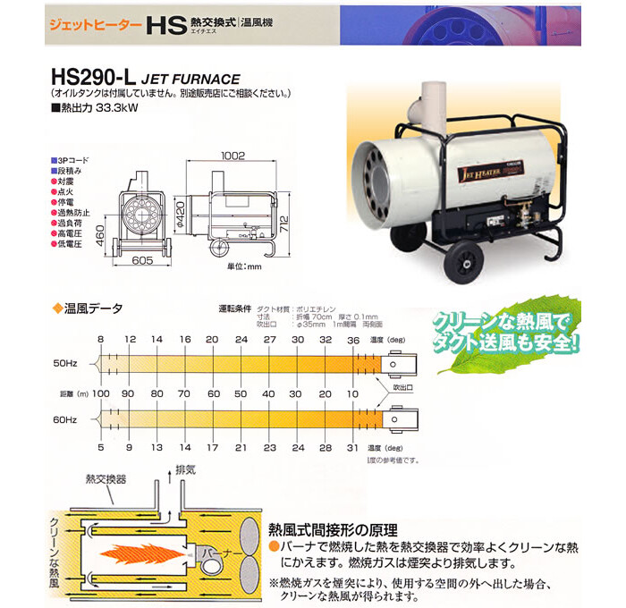 ジェットヒーターHS 熱交換式温風機 HS290-L オリオン機械(株) 製造