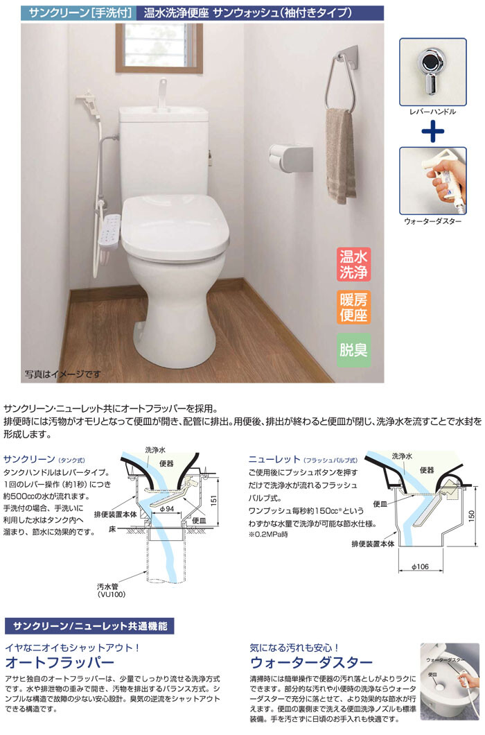 サンクリーン 手洗付簡易水洗トイレ 温水洗浄便座 袖付きタイプ