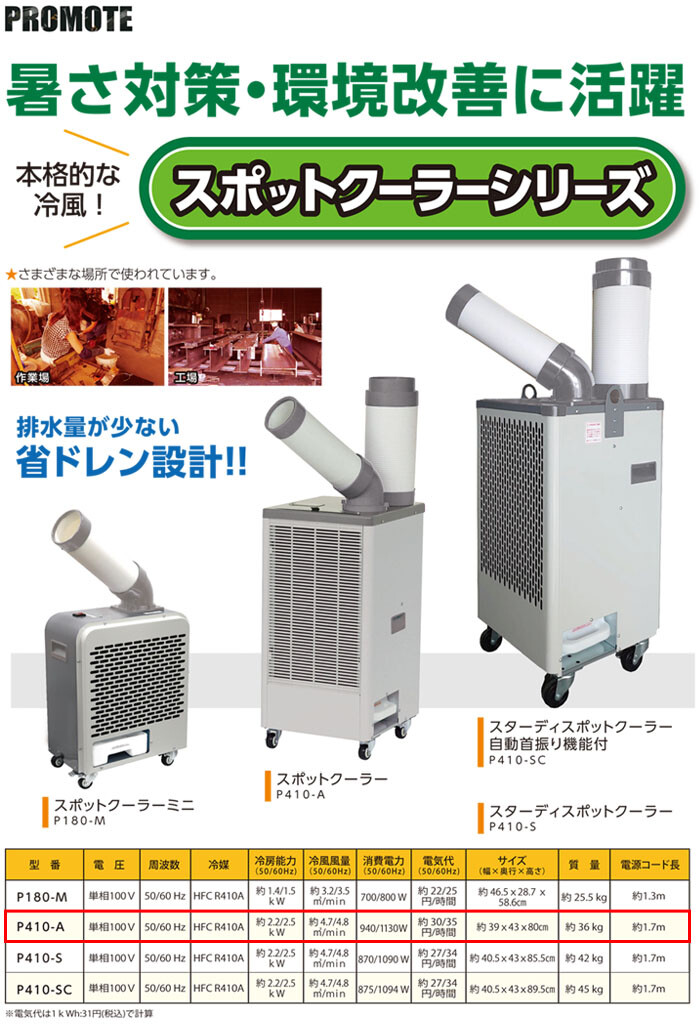 プロモート（大進） スポットクーラー 単相100V P410-A 床置き型 2.2/2.5kW【個人宅配送不可】