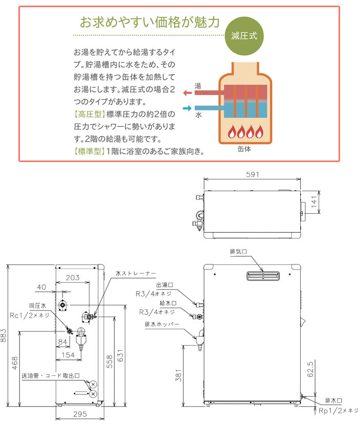給湯専用 石油給湯器 エコノミータイプ CBS-EN413F 長府工産 減圧式
