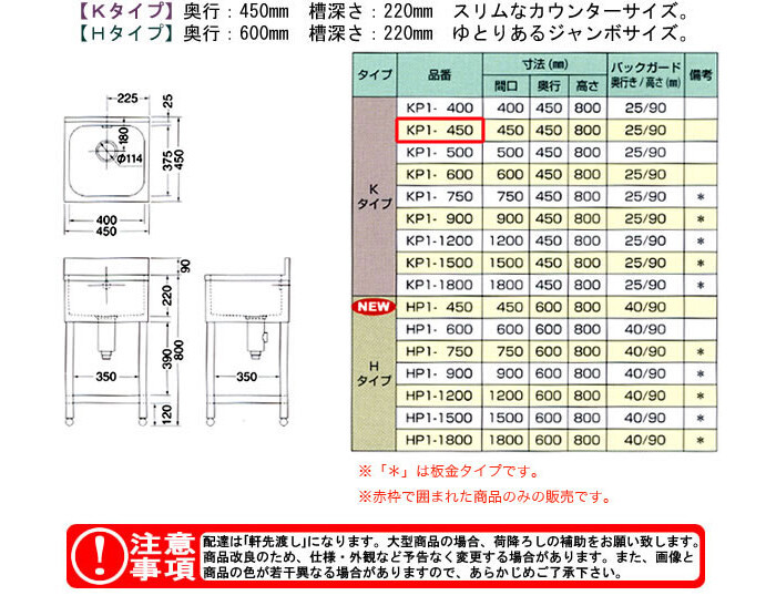 東製作所（azuma） 流し台 一槽シンク KP1-450【法人様向け】