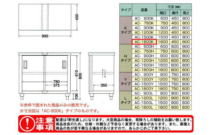 東製作所（azuma） 調理台 片面引違戸 AC-1800K【法人様向け】