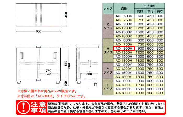 東製作所（azuma） 調理台 片面引違戸 AC-900H【法人様向け】