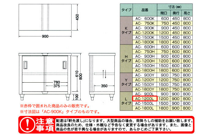 東製作所（azuma） 調理台 片面引違戸 AC-1200L【法人様向け】