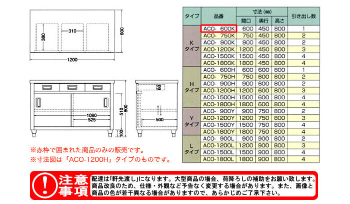 東製作所（azuma） 調理台 片面引出し付片面引違戸 ACO-600K【法人様向け】