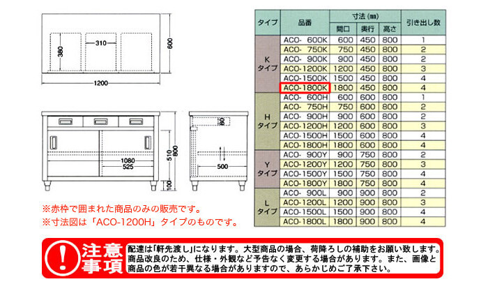 東製作所（azuma） 調理台 片面引出し付片面引違戸 ACO-1800K【法人様向け】