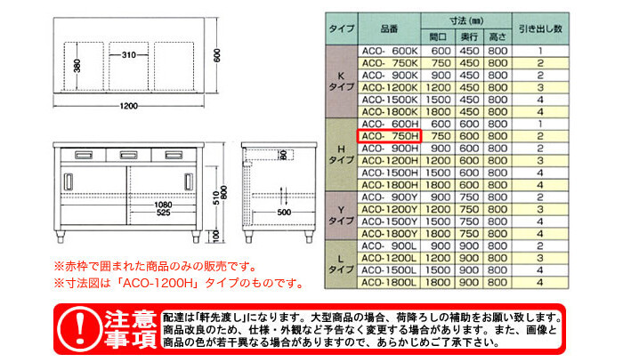 東製作所（azuma） 調理台 片面引出し付片面引違戸 ACO-750H【法人様向け】