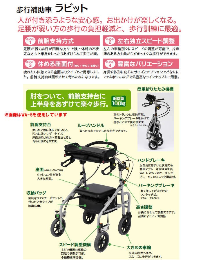 歩行補助車 ラビット 座面なしタイプ(スモール 狭幅・低台) WA-1