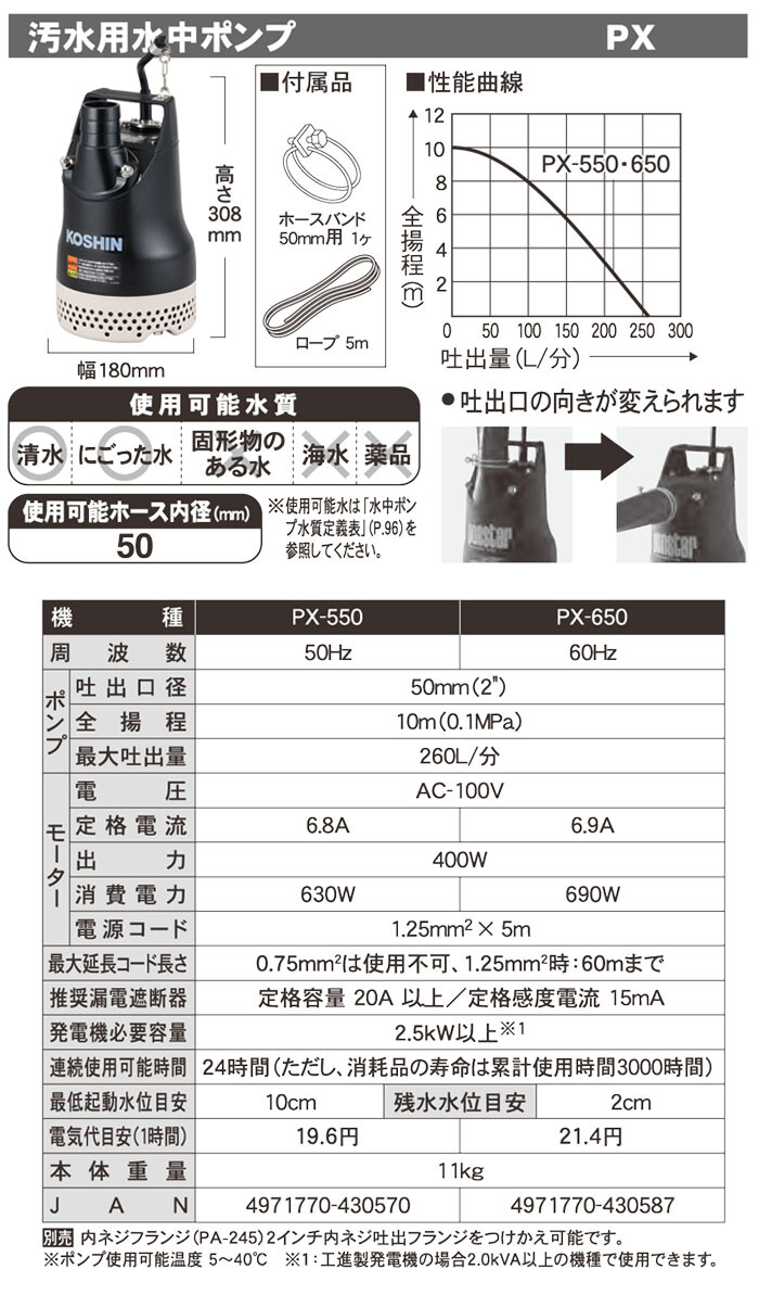 水中ポンプ 汚水用 50mm口径 PX-650 工進(KOSHIN) 60Hz 100V