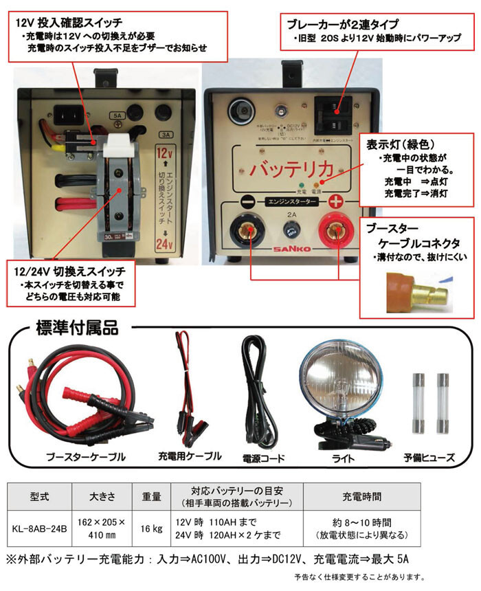 強力エンジンスターター バッテリカ KL-8AB-24B 三晃精機