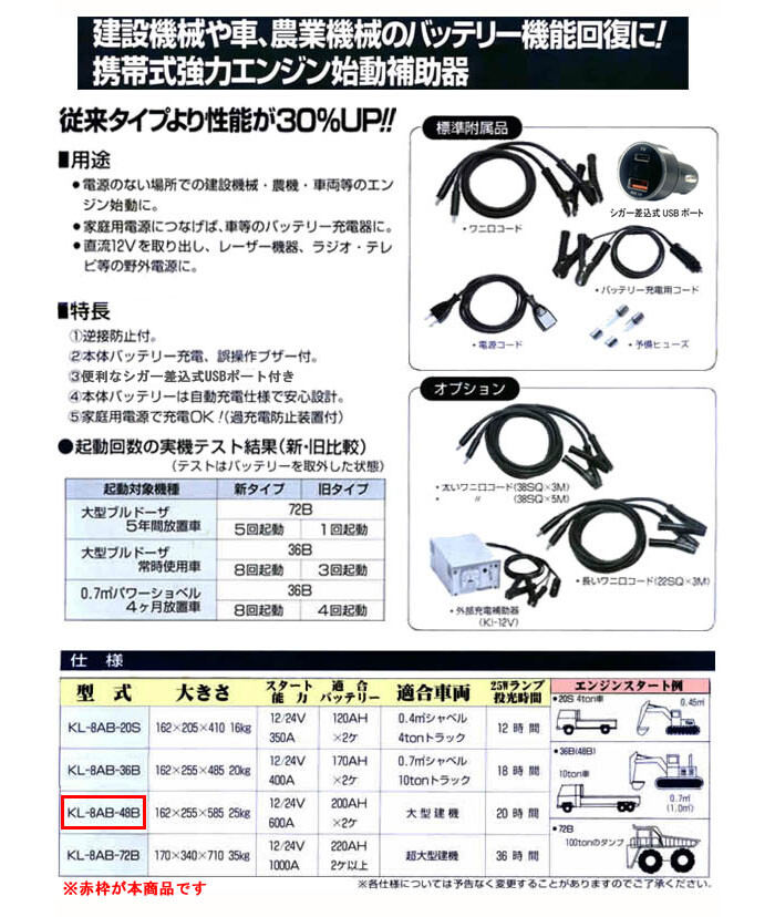 三晃精機 強力エンジンスターター バッテリカ KL-8AB-48B