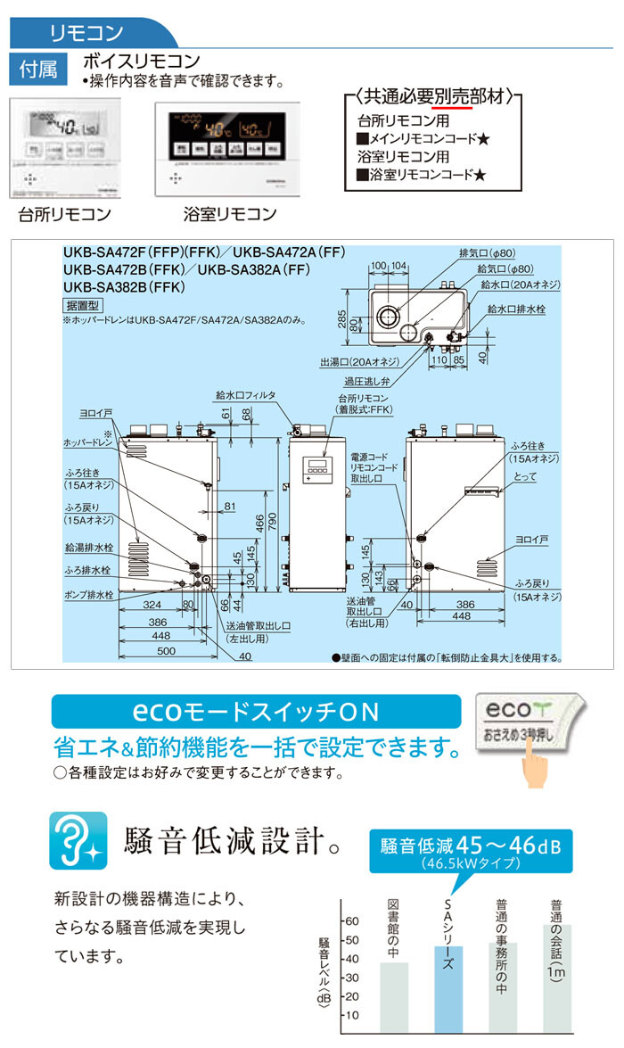 CORONA（コロナ） 石油給湯器 SAシリーズ 給排気筒付き UKB-SA472A(FF) 給湯+追いだき オート 屋内 強制給排気 ボイスリモコン 直圧式 46.5kW