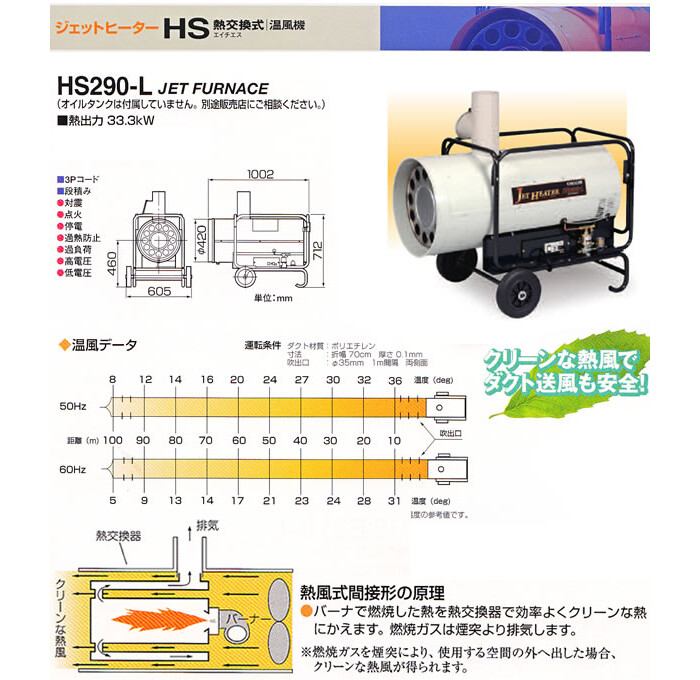 ジェットヒーターHS 熱交換式温風機 HS290-L オリオン機械(株