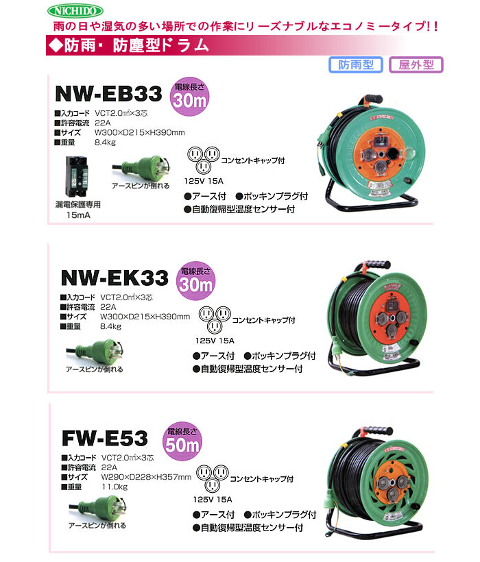 100V一般型電工ドラム　防雨・防塵型ドラム(アース過負荷漏電しゃ断器付)　NW-EK33　日動工業