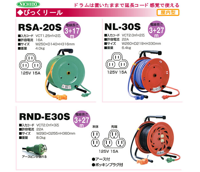 100V一般型電工ドラム びっくリール(アース付) RND-E30S 日動工業