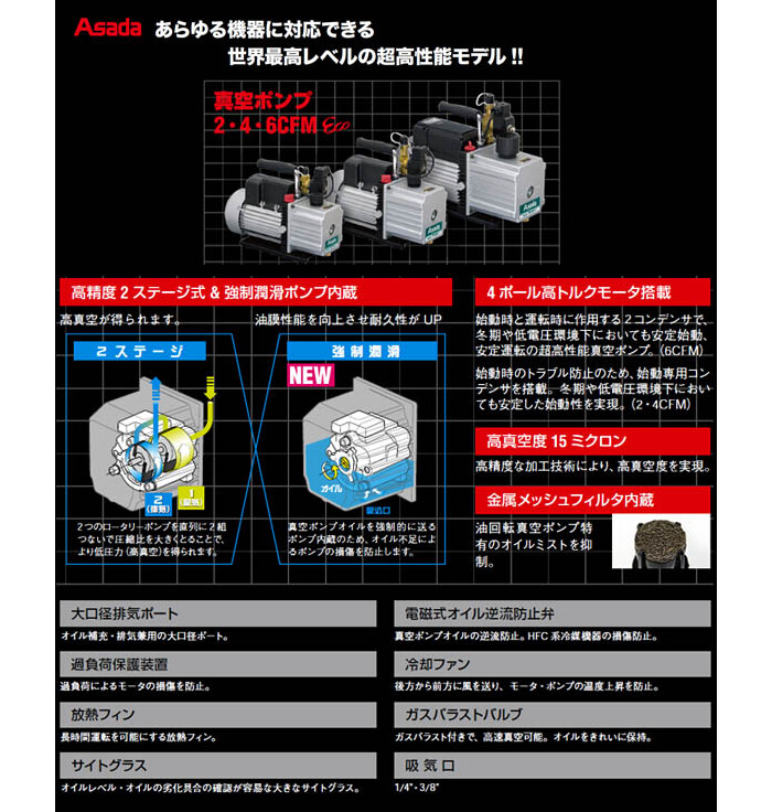 アサダ 真空ポンプ 4CFM Eco 2ステージ(113L/min・2.0Pa abs) WV240