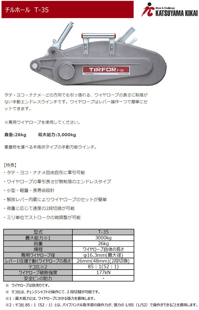 携帯用ワイヤー式ウインチ チルホール T-35 本体+専用ワイヤーロープ