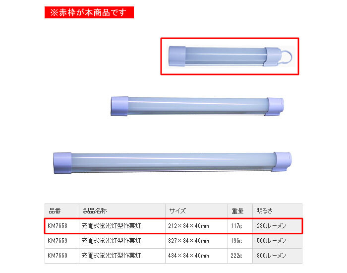 充電式蛍光灯型作業灯 210mm EKM7658 5W230ルーメン コードレス USB出力可