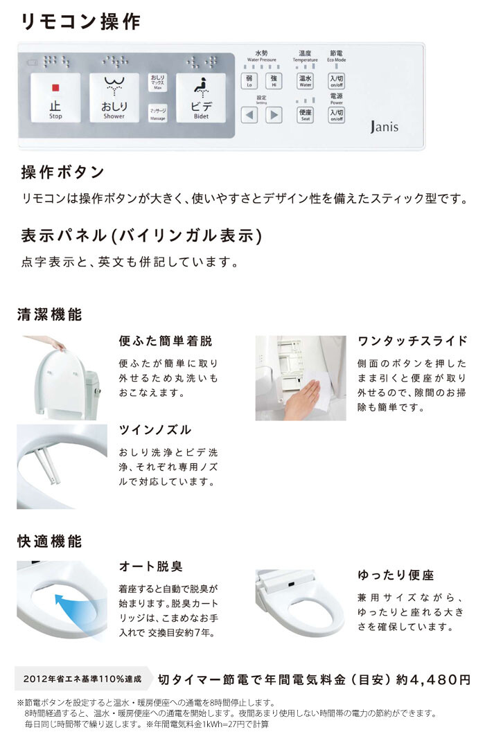 ジャニス温水洗浄便座SCS-J200D用リモコン ジャニス/JANIS・温水便座・ウォシュレット・リモコン・品番SCS