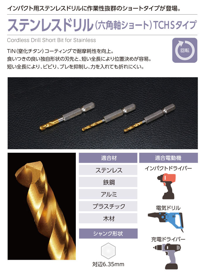 神王工業 六角軸ステンレスドリル ショート 3.0mm TCHS030【メール便可】