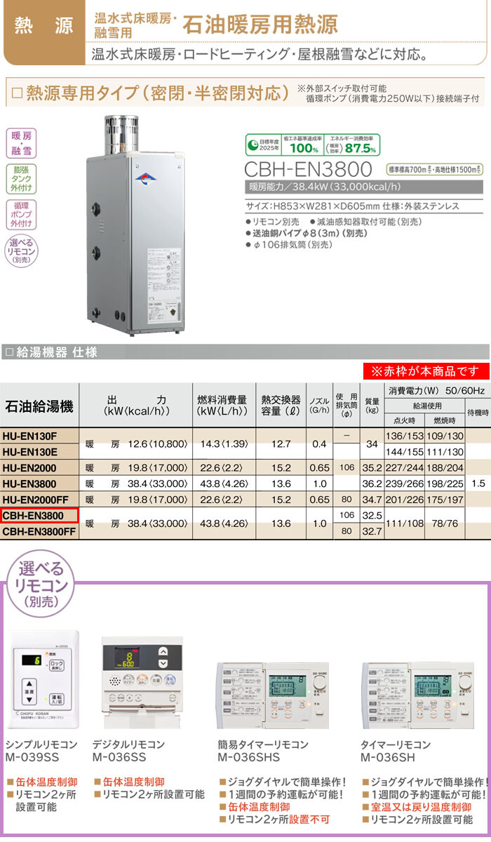 石油暖房用熱源ボイラー 熱源専用タイプ CBH-EN3800 長府工産 暖房