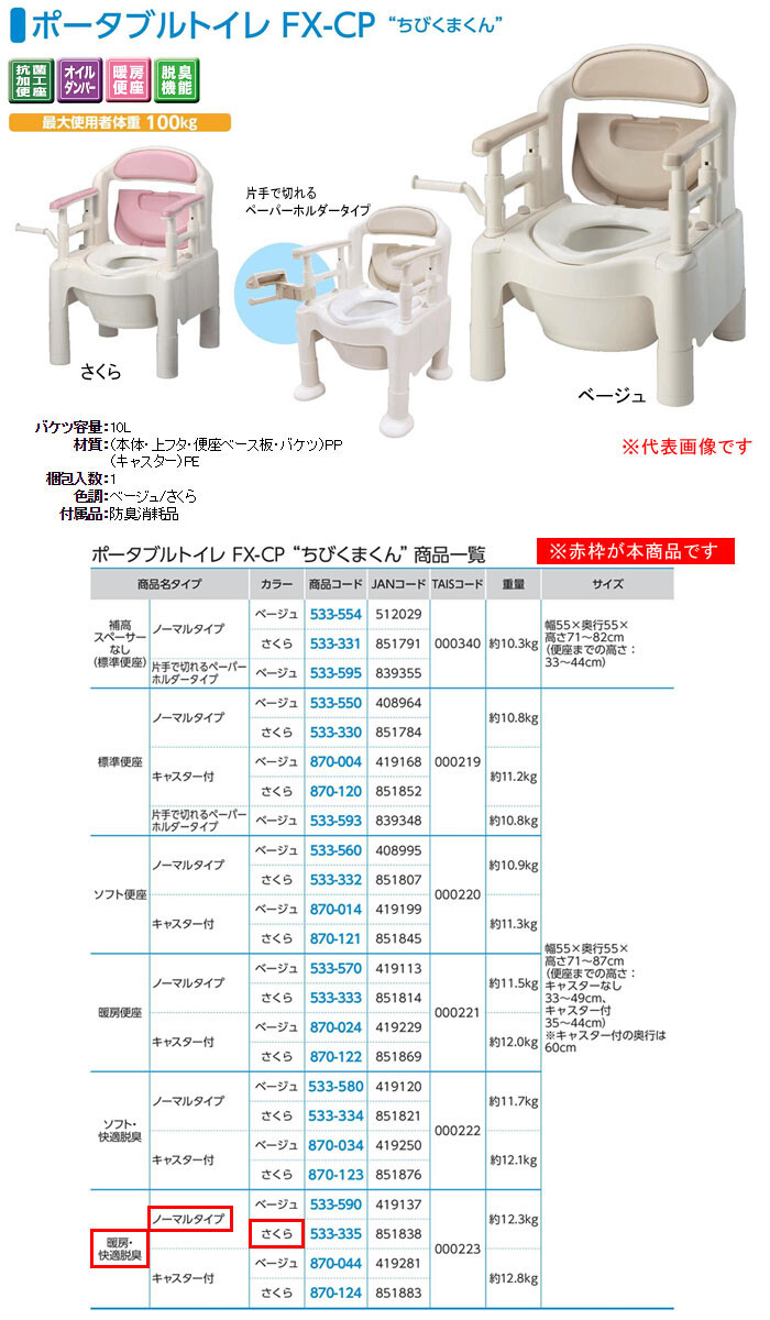 アロン化成 ポータブルトイレFX-CP ソフト便座 キャスター付 さくら色