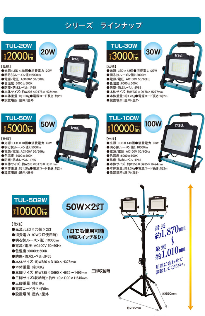 trad LED投光器 2灯式 三脚タイプ 100V 10000lm TUL-502W 防塵防水IP65 防雨型アース付きプラグ