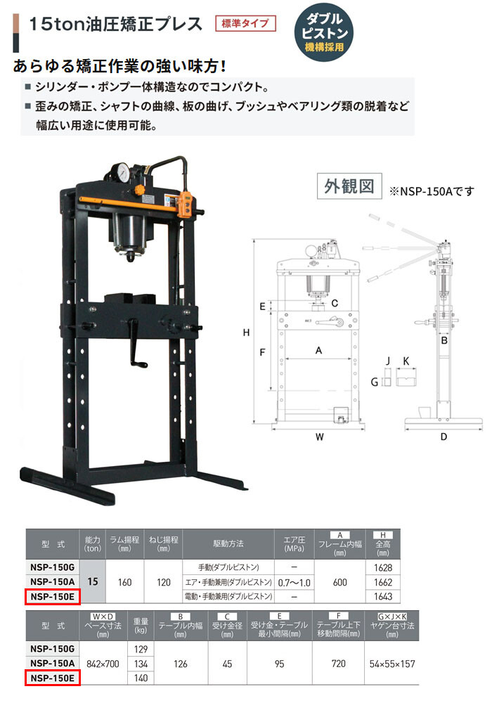 長崎ジャッキ 油圧矯正プレス 15トン NSP-150E 標準タイプ 電動・手動兼用 単相100V 車輪無し【受注生産品・個人宅配送不可】