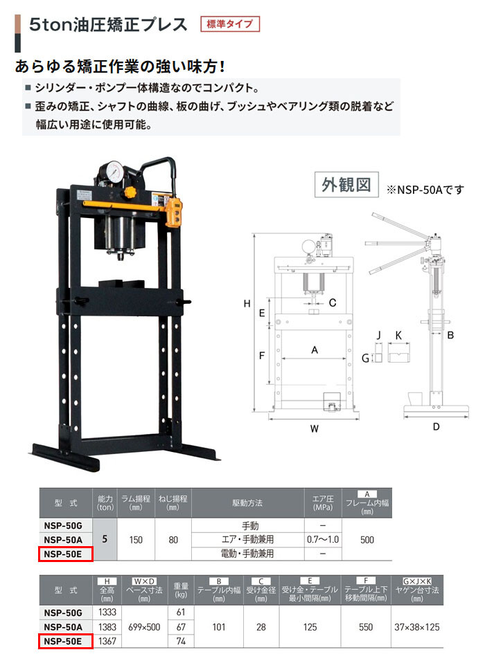 長崎ジャッキ 油圧矯正プレス 5トン NSP-50E 標準タイプ 電動・手動兼用 車輪無し【受注生産品・個人宅配送不可】