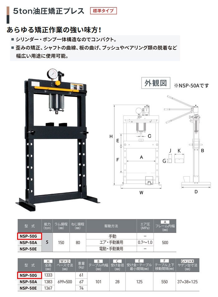 長崎ジャッキ 油圧矯正プレス 5トン NSP-50G 標準タイプ 手動 車輪無し【受注生産品・個人宅配送不可】