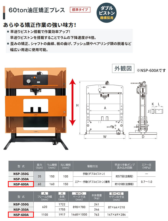 長崎ジャッキ 油圧矯正プレス 60トン 安全ガード付 NSP-600AS 標準タイプ エアー・手動兼用 車輪無し【受注生産品・個人宅配送不可】